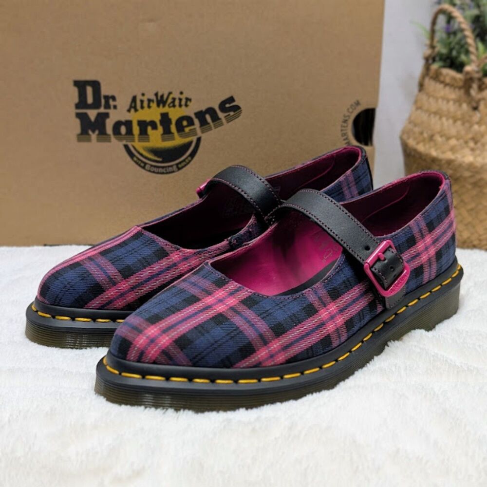 Dr. Martens Elphie MJ Black & Pink Tartan & Leather Mary Jane Shoes UK 5 NIB